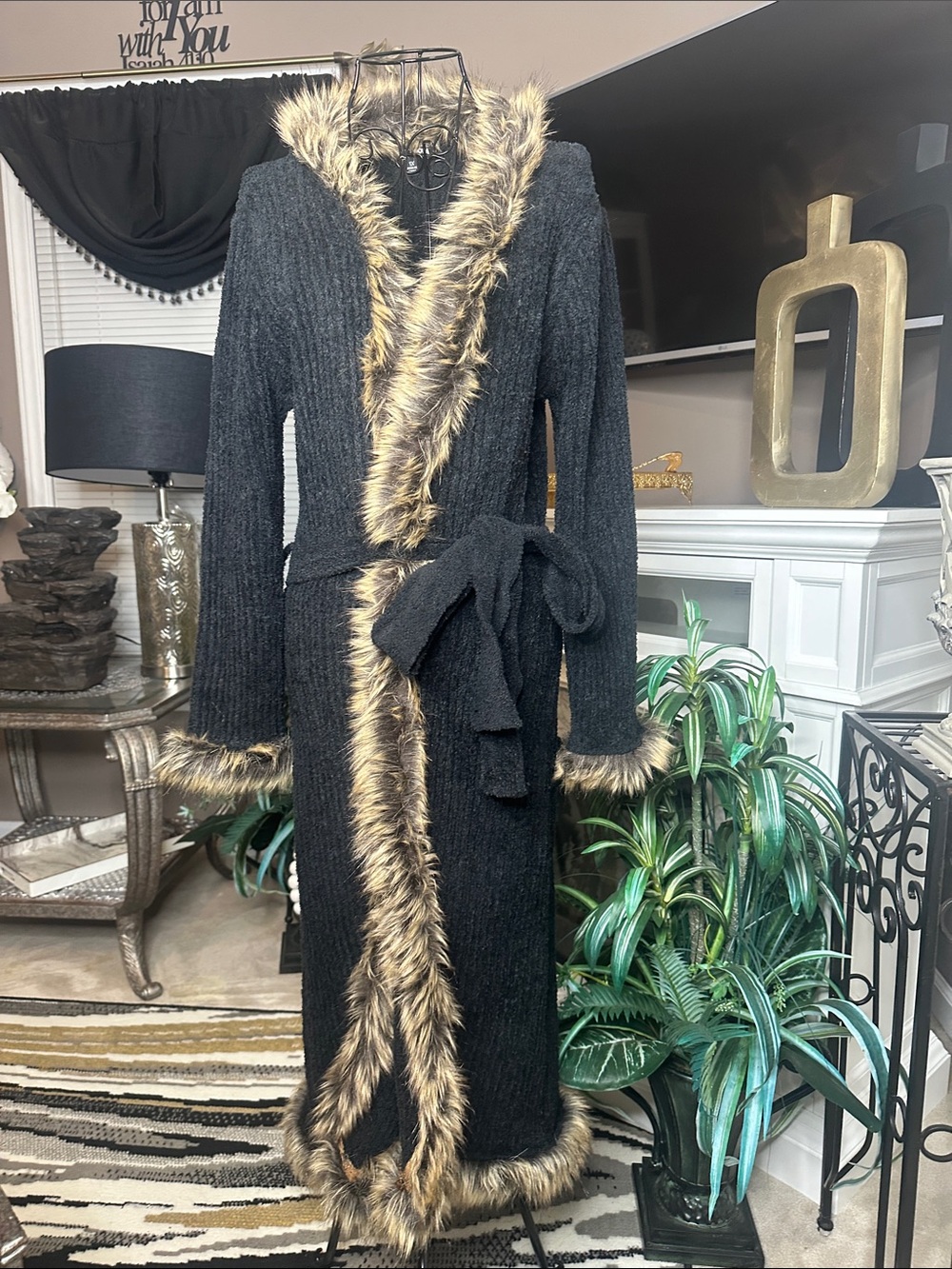 Fashion Nova Black Long Trench Coat with Faux Fur Trim